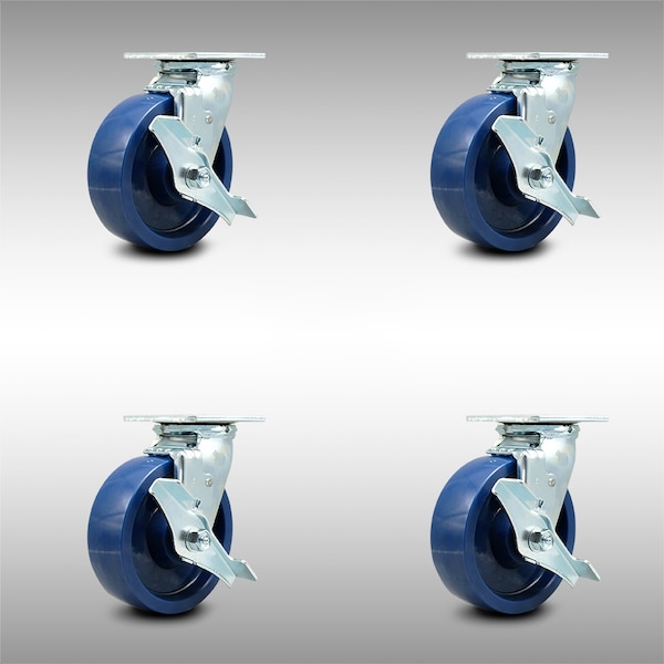 6 Inch SS Solid Poly Swivel Caster Set with Ball Bearings and Brakes SCC